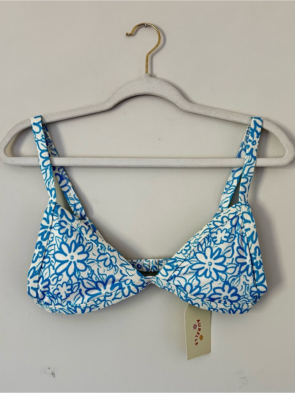 NWT Aurelle Swimwear Alice Ribbed Cheeky Bikini Set, Blue & White Floral – M